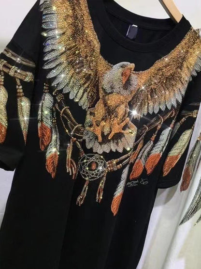 Plus Size Graphic Tees for Women Eagle Rhinestone Printed Tops Loose Fit T Shirts Short Sleeve Oversized Streetwear