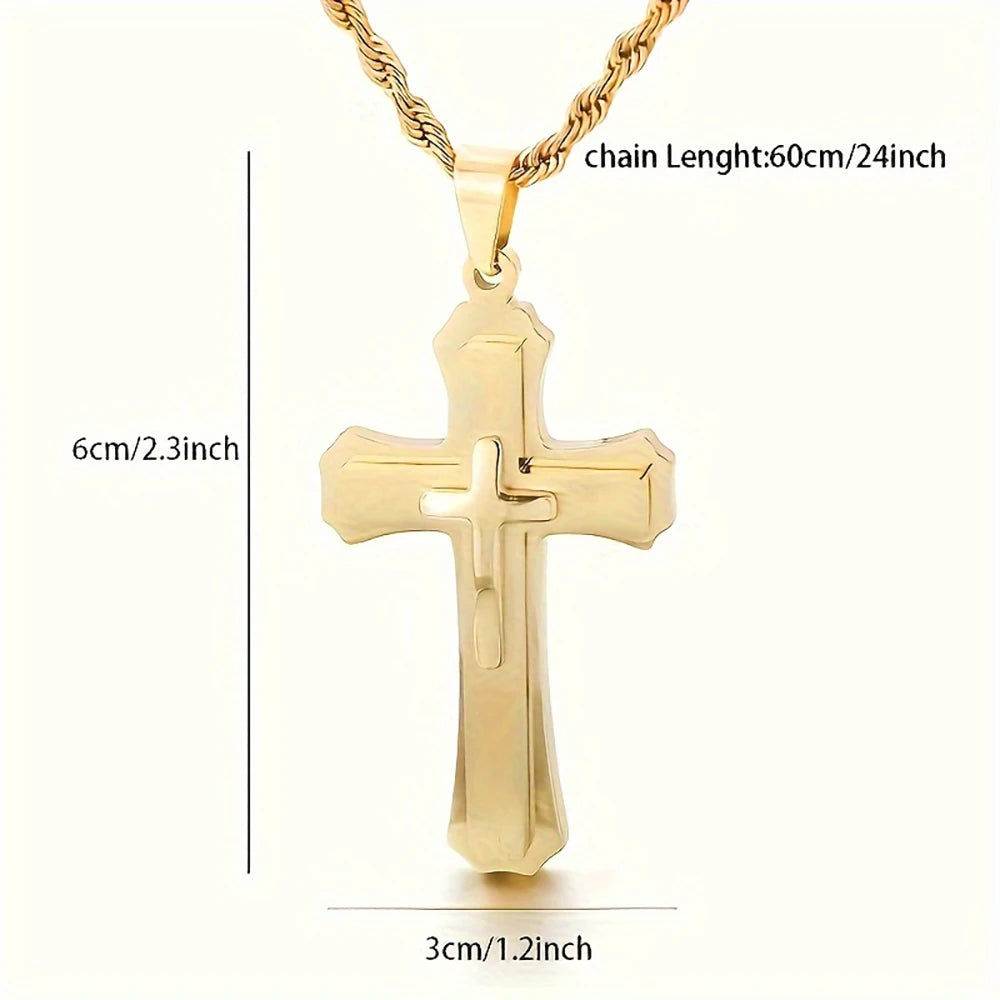 14K Gold Plated Men's Three-Layer Cross Necklace Hip Hop European Style Trendy Accessory Pendant Daily Jewelry Accessories USA