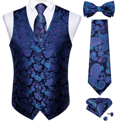 Men's Black Solid Paisley Suit Vest with Necktie Bow Tie Handkerchief Cufflinks Formal Waistcoat for Wedding Prom Tuxedo