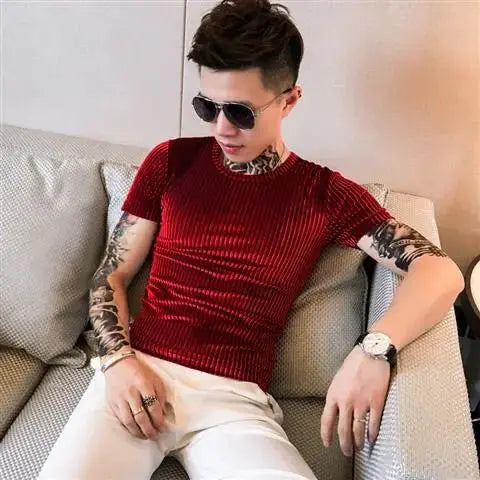 Fashion Men's Autumn Winter Luxury Clothing Heat Keep Warm Casual T-Shirt Mock Neck Tops Stripe Long Sleeve Gold Velvet T-Shirts