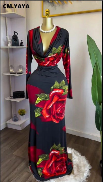 CM.YAYA Women Rose Printed Long Sleeve Pile Neck Bodycon Midi Maxi Long Dress 2025 Summer Birthday Vacation Sexy Party Dresses
