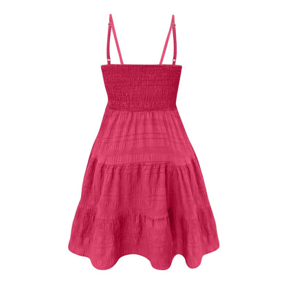 Bohemian Beach Sundress Women Sexy Sleeveless Backless Big Swing Mini Dress Solid Spaghetti Strap Ruffles Dress Summer Vestidos