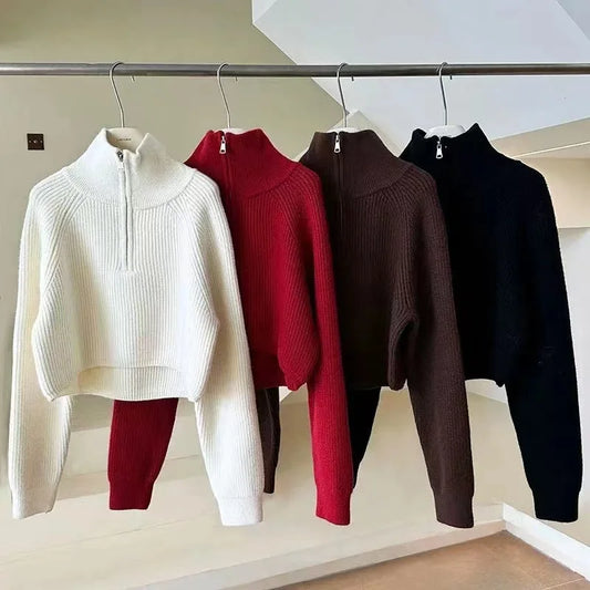 Quarter Zip Knit Sweater Cozy High Collar Long Sleeve Crop Jumper Pullover Women Teenage Girl Fall Winter