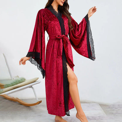 Women's Lace Velvet Bathrobe Breathable Nightgown Kimono Home Clothes Flare Sleeve Night Long Robe Female Sleepwear Homewear