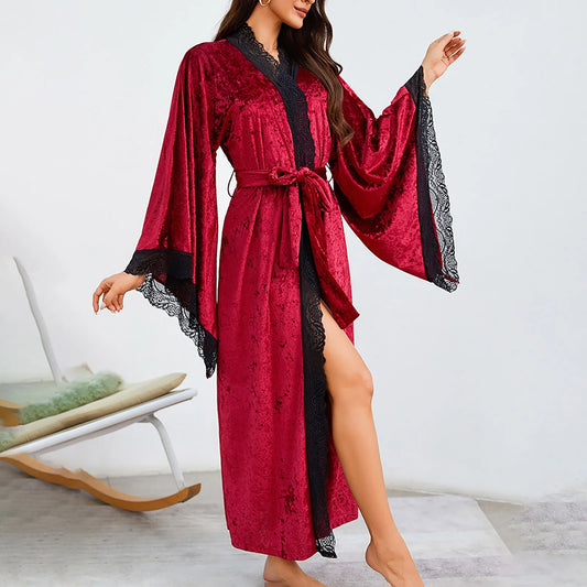 Women's Lace Velvet Bathrobe Breathable Nightgown Kimono Home Clothes Flare Sleeve Night Long Robe Female Sleepwear Homewear