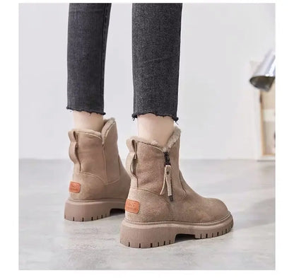 2026 New Winter Women's Snow Boots Trendy Mid Top Plush Thickened Warm Cotton Shoes Leather Wool Integrated Winter Women's Boots