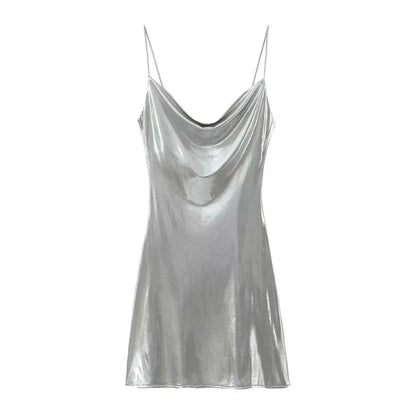 Summer Women Shinning Metallic Color Sling Mini Dress Female Chic Pleat Design Casual Slim Party Vestidos DS5000
