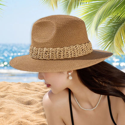 Women Wide Brim Sun Hat with Bowknot Ribbon Summer Beach Straw Hat Foldable Floppy Fedora Hat for Vacation Travel Party Clothes