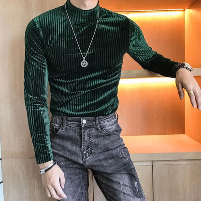 Fashion Men's Autumn Winter Luxury Clothing Heat Keep Warm Casual T-Shirt Mock Neck Tops Stripe Long Sleeve Gold Velvet T-Shirts