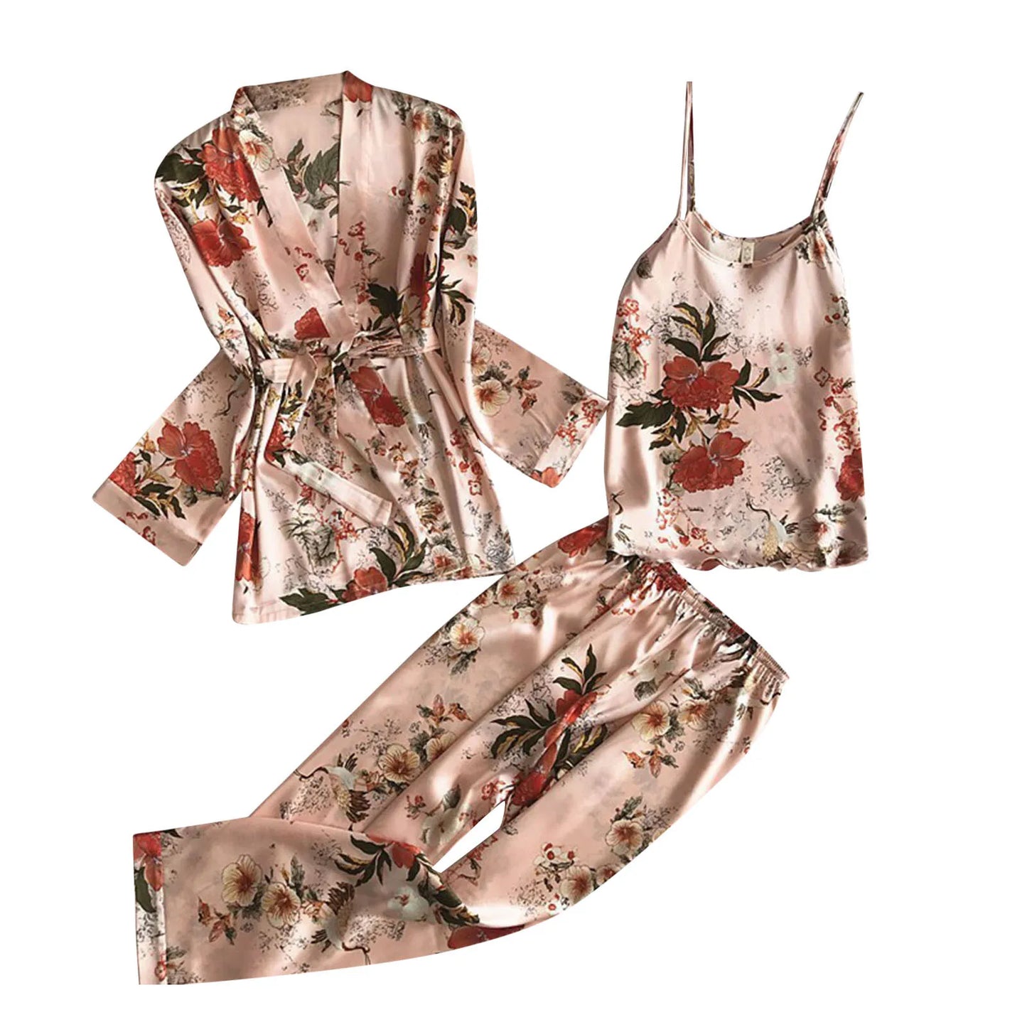 Women's Printed Pajamas Set Homewear Nightdress Trousers Belt Robe Three Piece Suits Sexy Sleepwear Loungewear Pj Sets Pyjama 