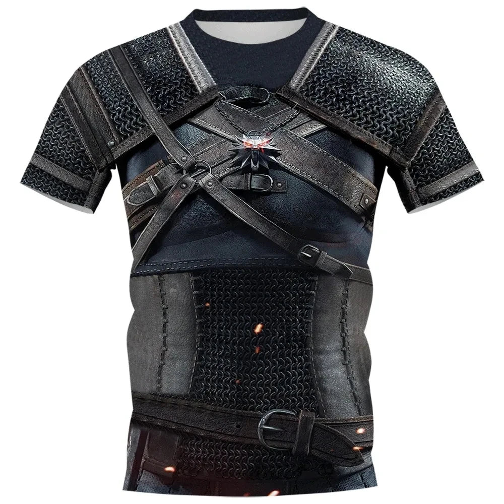 Fun Cosplay 3D Printed Armor Jacket For Men Personality Street Hip Hop Crew Neck Short Sleeve Avant-garde Cowboy Warrior T-shirt