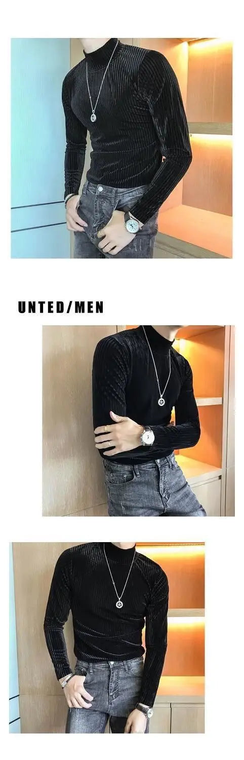 Fashion Men's Autumn Winter Luxury Clothing Heat Keep Warm Casual T-Shirt Mock Neck Tops Stripe Long Sleeve Gold Velvet T-Shirts