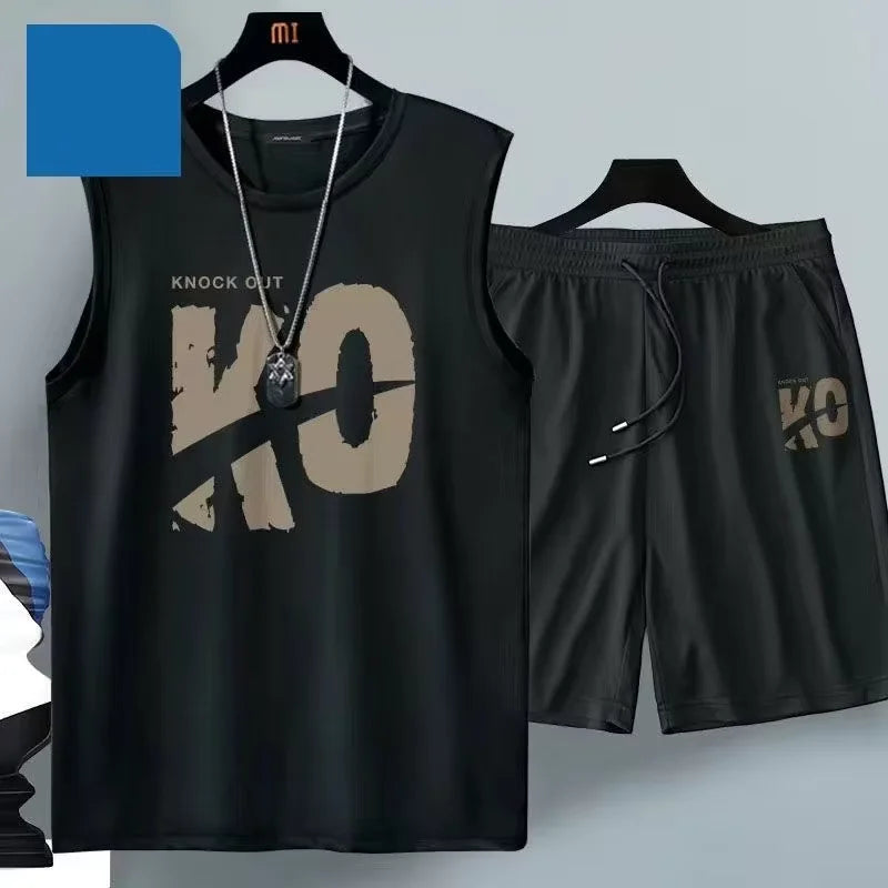 Summer men's clothing sleeveless basketball suit street casual sportwear 2 piece breathable short sleeve Tshirt + jogging shorts