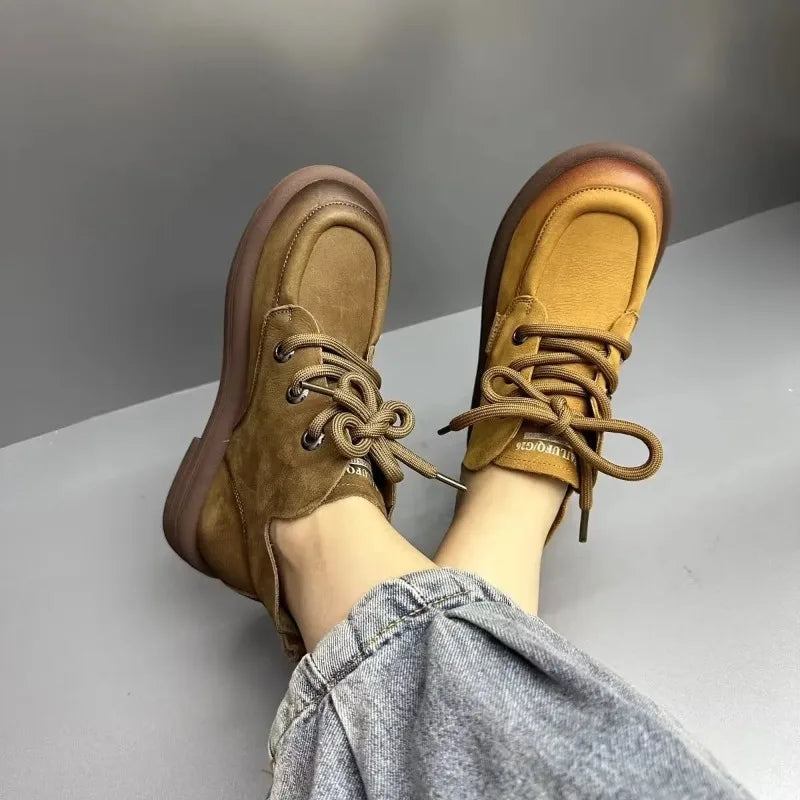 Flat Shoes Women's Genuine Leather Round Toe Stitched Lace Up Thick Sole Women's Low Heel Shoes Handmade Large Size