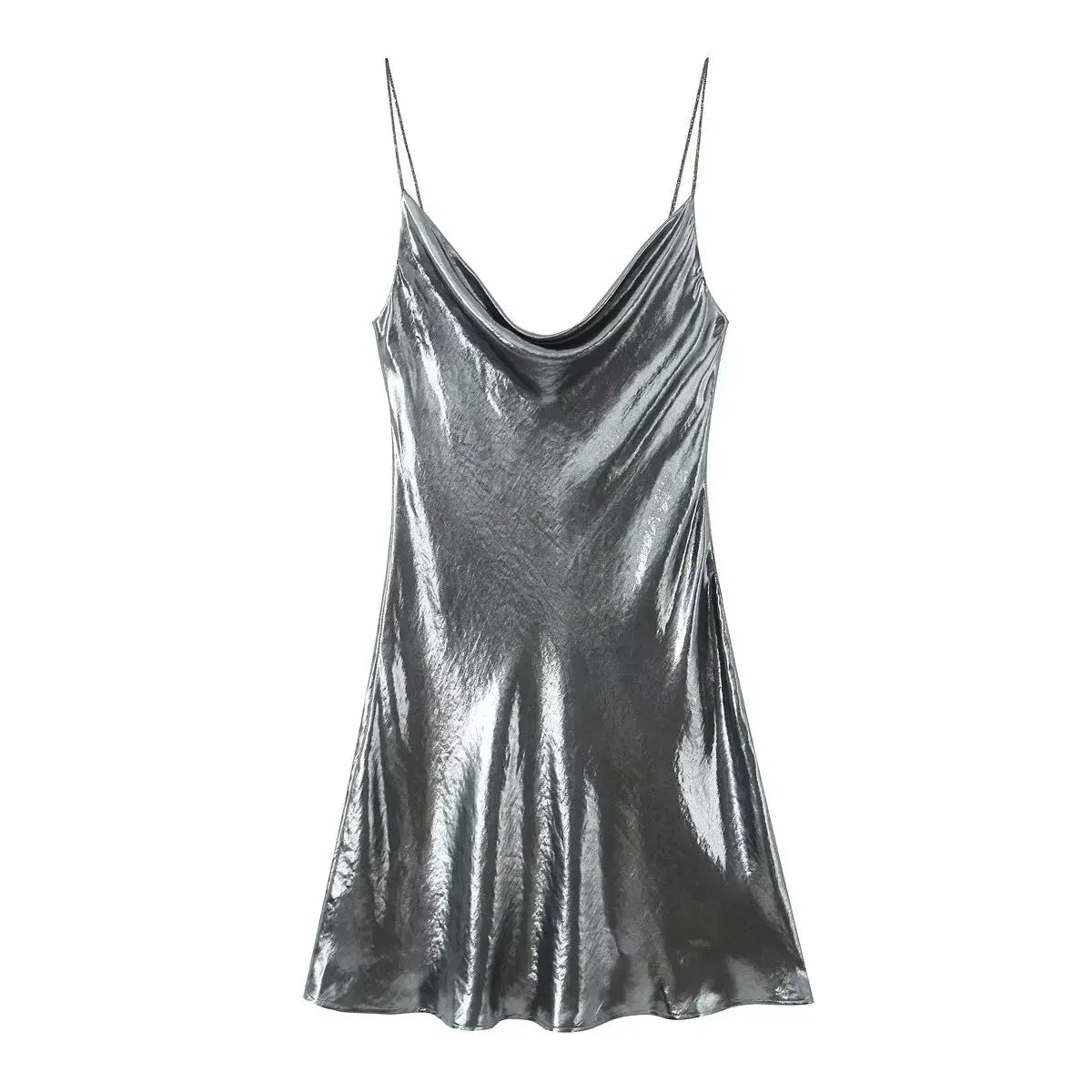 Summer Women Shinning Metallic Color Sling Mini Dress Female Chic Pleat Design Casual Slim Party Vestidos DS5000