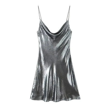 Summer Women Shinning Metallic Color Sling Mini Dress Female Chic Pleat Design Casual Slim Party Vestidos DS5000
