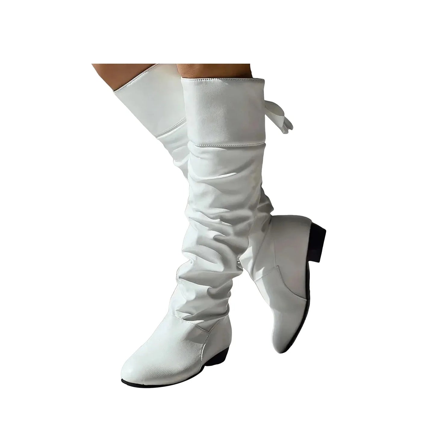 Womens Fashion Leather Shoes Bow Tie Thick Heel Long Boots Socks For Women Knee High Boots British Style 2024 Winter Flat Shoes