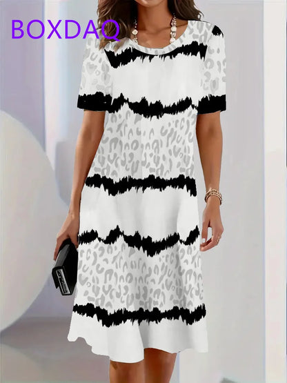Geometric Stripe Printing Dress For Women Summer Sundress Loose Casual Short Sleeve O-Neck A-Line Dress Women Beach Mini Dresses