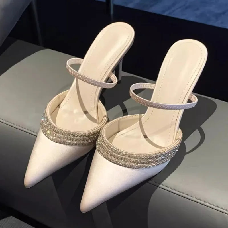 Spring New Baotou Sandals Fashion Pointy Shallow Mouth Glitter Set Foot Anti-slip Wear-resistant Stiletto Heels