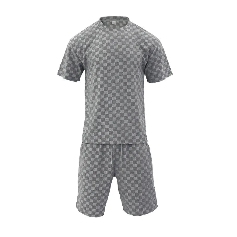 Men's Summer Checkered Loose Two-piece Sports Leisure Suit Short Sleeve T-shirt Shorts Casual Suit Plus Size Fashion Men's Suit