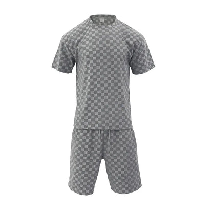 Men's Summer Checkered Loose Two-piece Sports Leisure Suit Short Sleeve T-shirt Shorts Casual Suit Plus Size Fashion Men's Suit