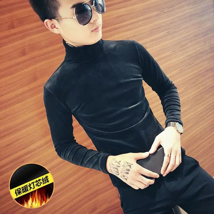 Fashion Men's Autumn Winter Luxury Clothing Heat Keep Warm Casual T-Shirt Mock Neck Tops Stripe Long Sleeve Gold Velvet T-Shirts