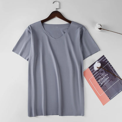 2024 Men's Thin Short Sleeve Without Summer Solid Color T shirt Trace Slim V-neck Bottoming Seamless short sleeve
