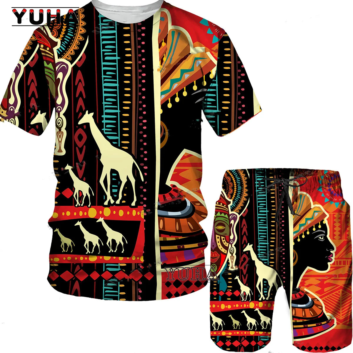 YUHA,3D Printed Men T-shirt Shorts Set 2pc Hip Hop Style Short Sleeve O-neck Summer African Folk-custom Pattern Men's Clothing S