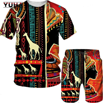 YUHA,3D Printed Men T-shirt Shorts Set 2pc Hip Hop Style Short Sleeve O-neck Summer African Folk-custom Pattern Men's Clothing S