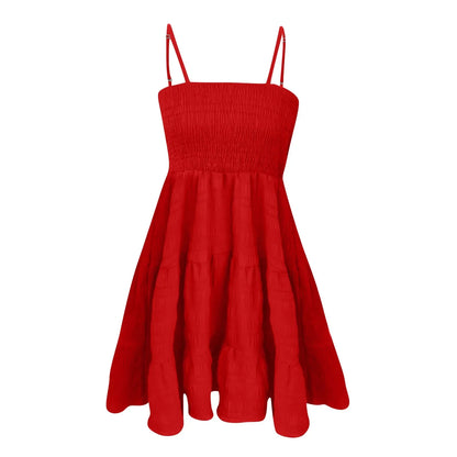 Bohemian Beach Sundress Women Sexy Sleeveless Backless Big Swing Mini Dress Solid Spaghetti Strap Ruffles Dress Summer Vestidos