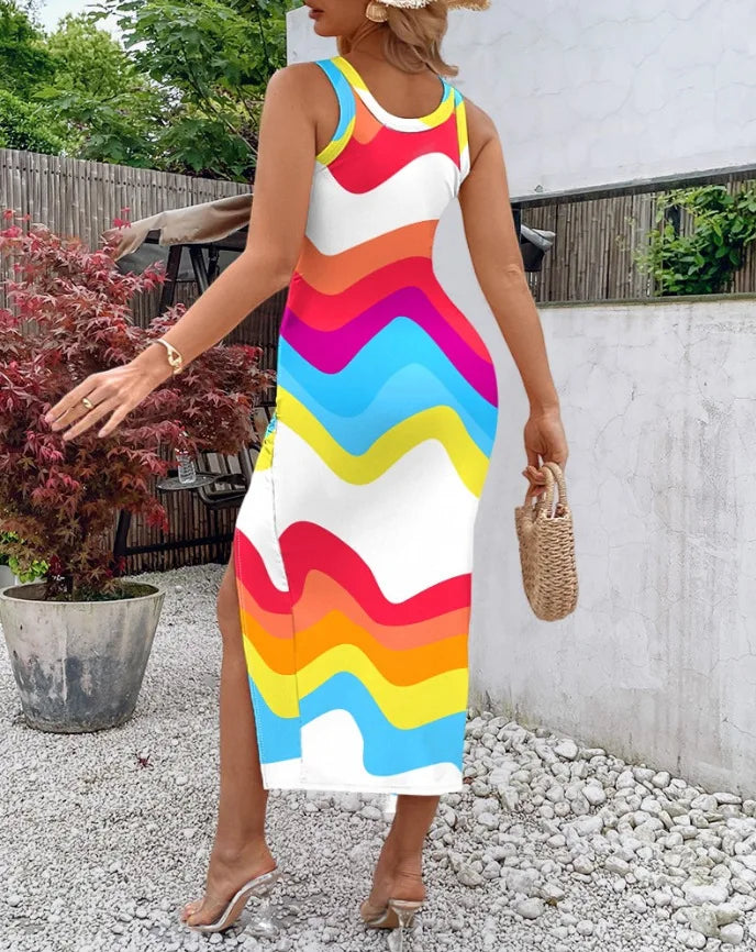 Fashion Summer Waist Closing Sexy Split Mid Length Tank Top Vestidos Elegant Ladies Gradient Stripe Sleeveless Round Neck Dress