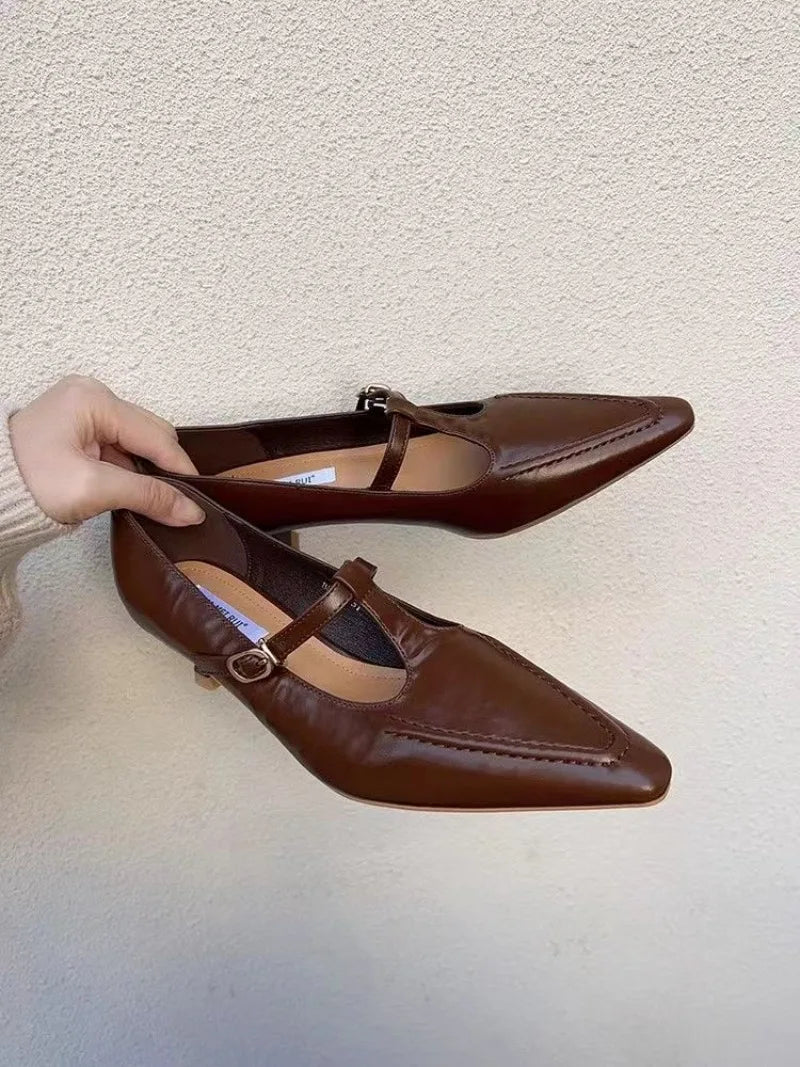 2026 Woman Fashion Pointed Toe Buckle Shoes Apricot Retro Kawaii Solid Female Shoes Flats Casual Shallow Mouth Mary Jane Shoes