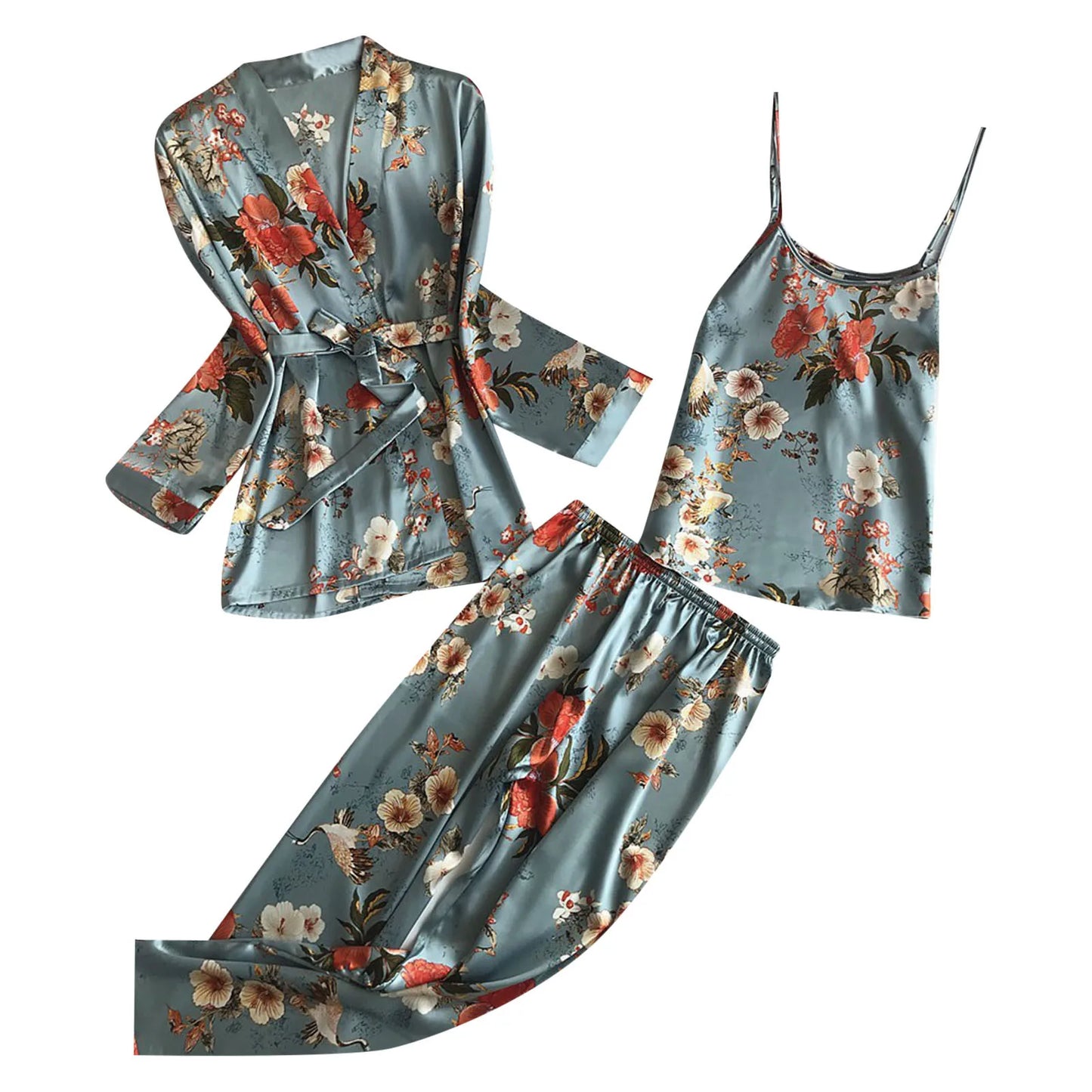 Women's Printed Pajamas Set Homewear Nightdress Trousers Belt Robe Three Piece Suits Sexy Sleepwear Loungewear Pj Sets Pyjama 