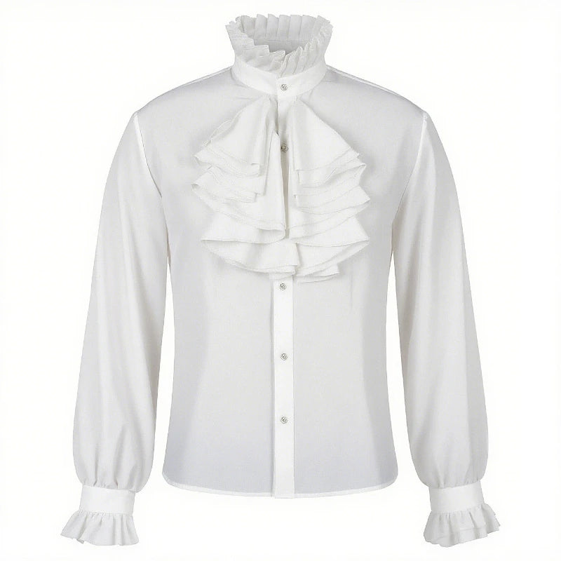 2026 Black&White Vintage Court-Style Stand Collar Ruffled Shirts for Men,Gothic Pleated Cuffs Glamorous Pirate-Style Men's Shirt