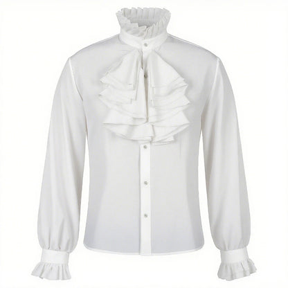 2026 Black&White Vintage Court-Style Stand Collar Ruffled Shirts for Men,Gothic Pleated Cuffs Glamorous Pirate-Style Men's Shirt