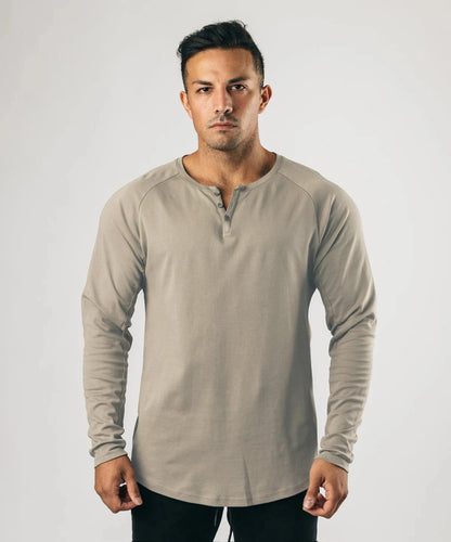 Men Muscle Shirt Long Sleeve T-shirt Solid Vintage Henley Shirts Sports Fitness Casual Cotton Stretch Thin V-neck Tee