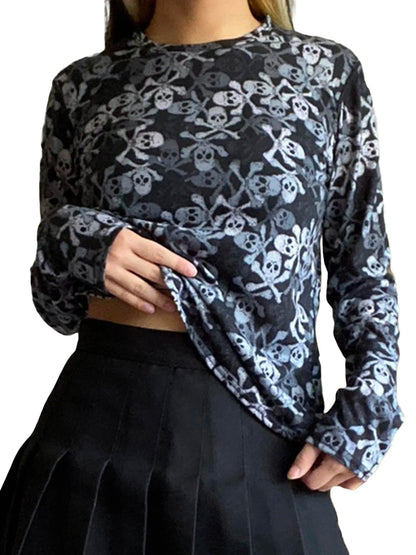 Women s Vintage Gothic Skull Print Long Sleeve Round Neck  Fit T-Shirts Streetwear Blouses with a Dark Twist