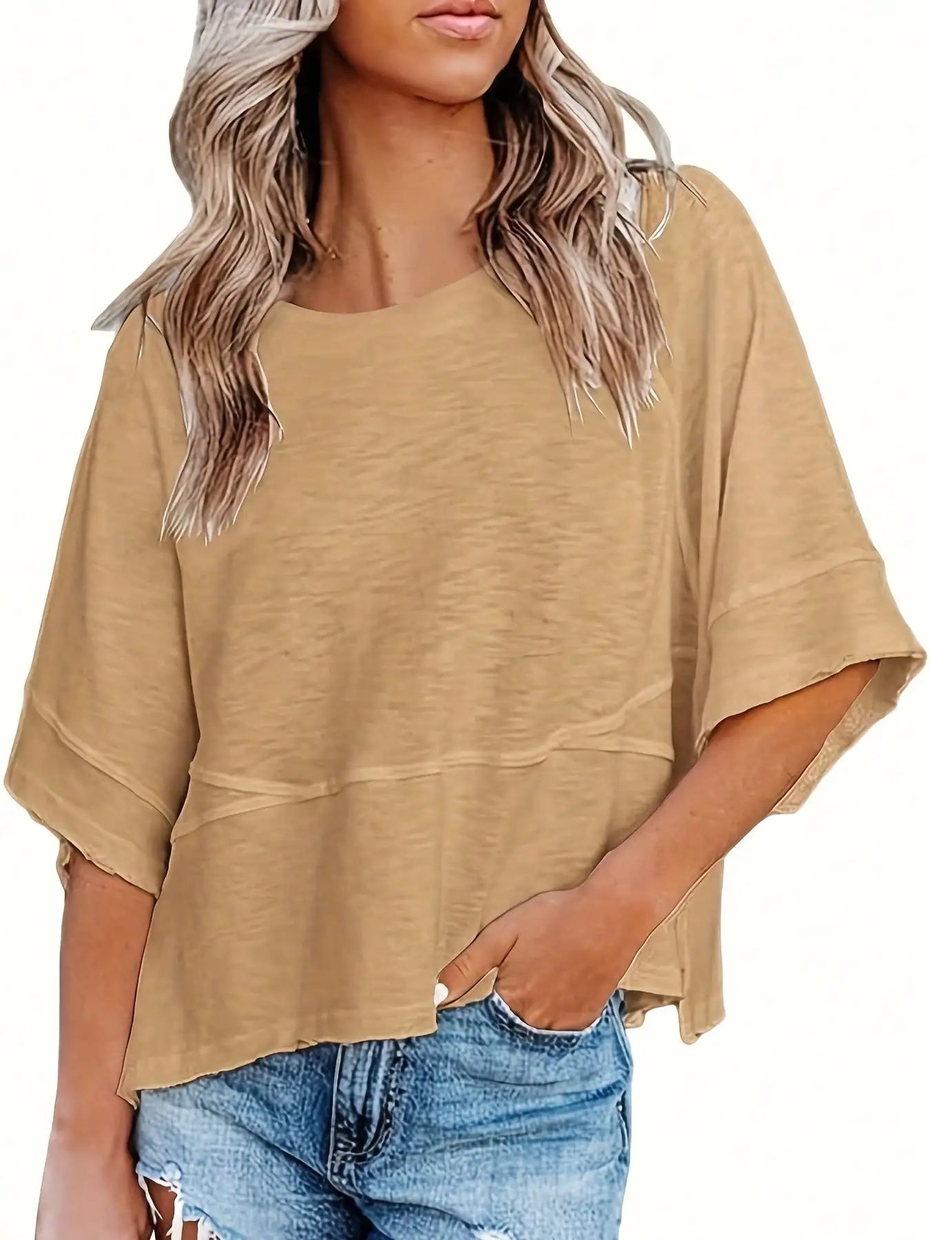 Women's Summer New Crewneck Batwing Half Sleeve Tops Solid Color Loose Fit Cute Flowy Tee Shirts Casual Dressy Cropped Blouse