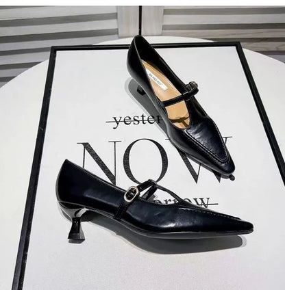 2026 Woman Fashion Pointed Toe Buckle Shoes Apricot Retro Kawaii Solid Female Shoes Flats Casual Shallow Mouth Mary Jane Shoes
