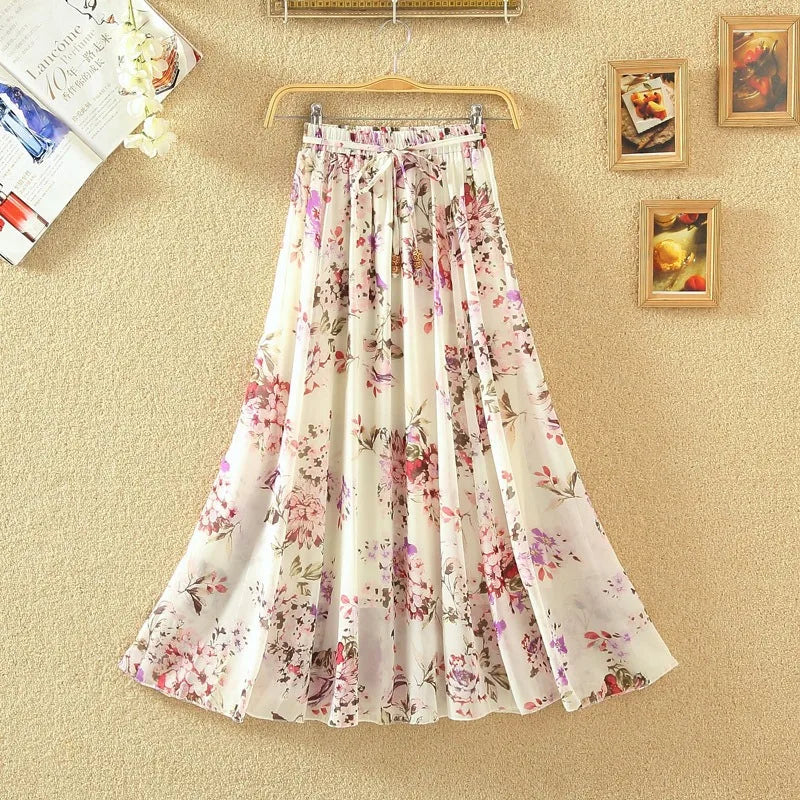Elegant Chiffon Long Skirts For Women Autumn Casual Women's Floral Print Maxi Skirt Female High Waist Elastic A-Line Skirts