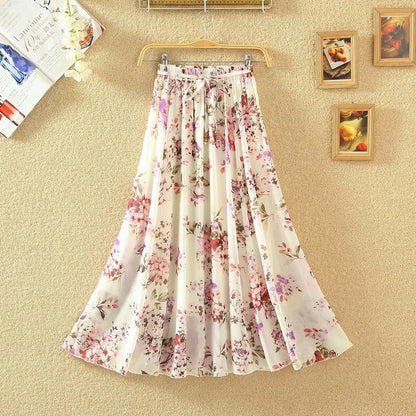 Elegant Chiffon Long Skirts For Women Autumn Casual Women's Floral Print Maxi Skirt Female High Waist Elastic A-Line Skirts