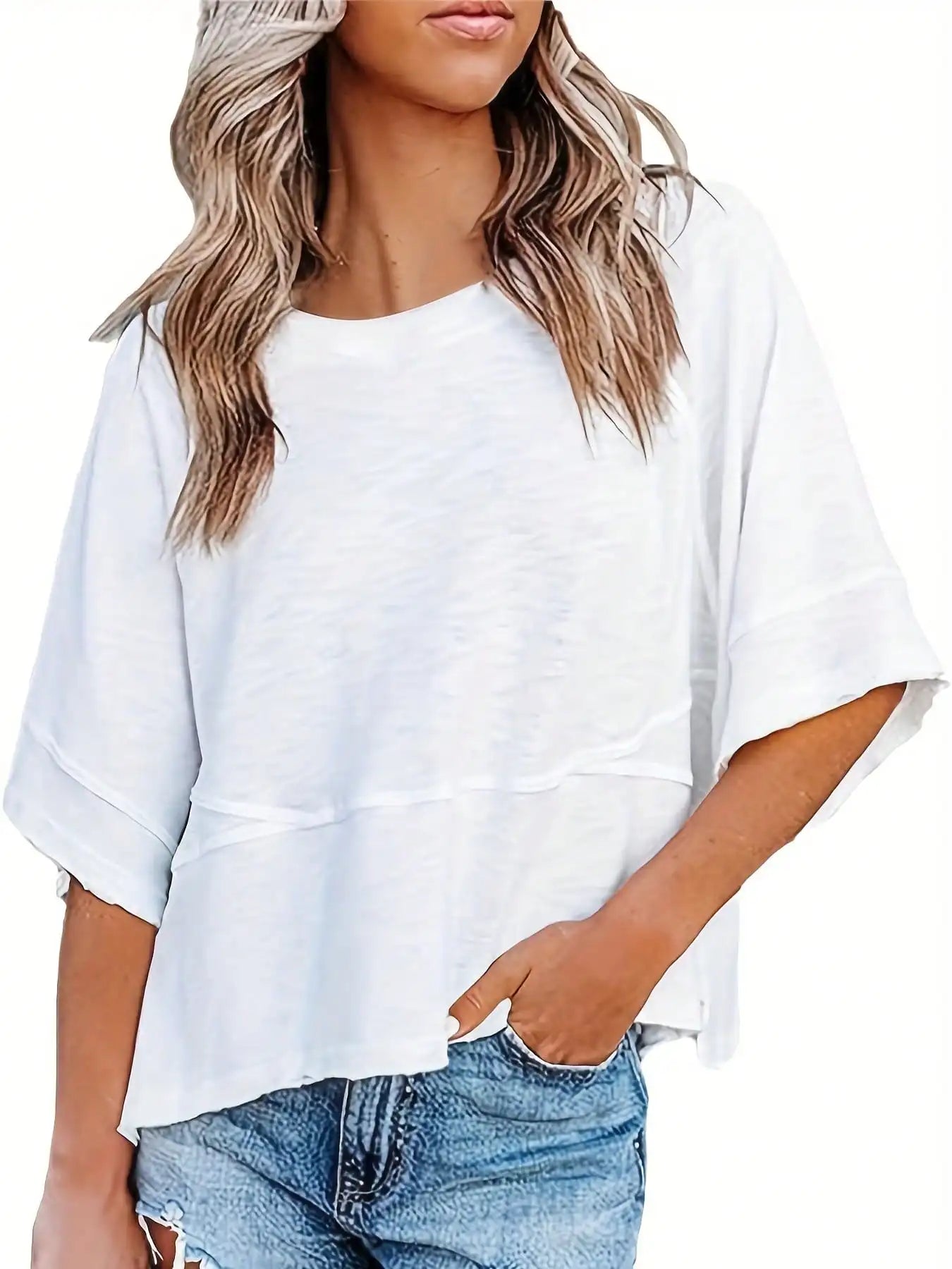 Women's Summer New Crewneck Batwing Half Sleeve Tops Solid Color Loose Fit Cute Flowy Tee Shirts Casual Dressy Cropped Blouse