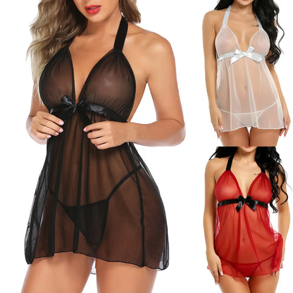 Plus Size Lace Mesh Night Dress with Panties Sexy Lingerie Women Nightgowns Exotic Costumes Halter Nighties Sheer Mesh Sleepwear