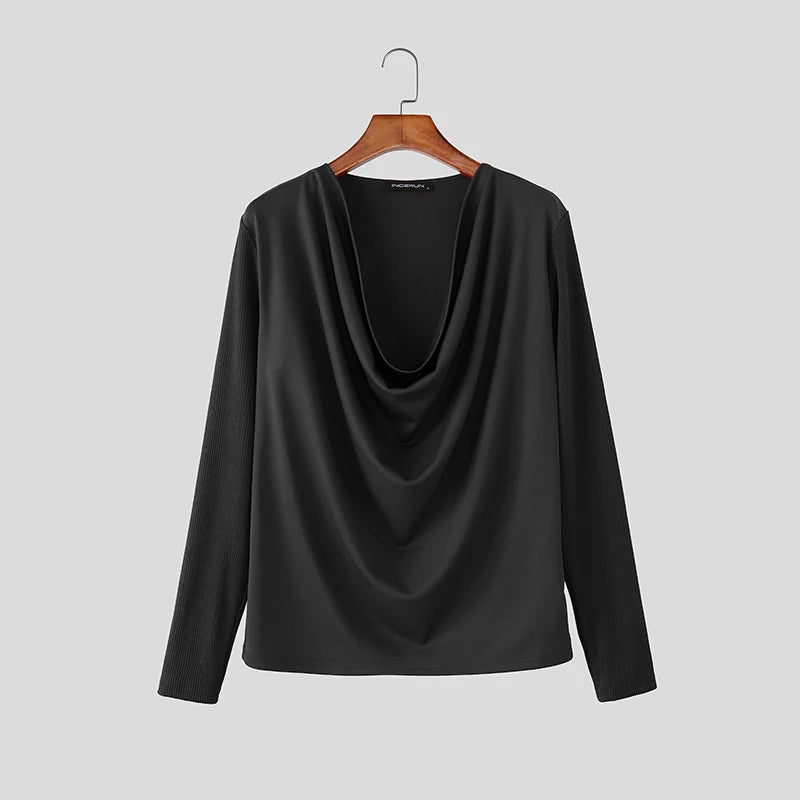 INCERUN Men T Shirt Satin Patchwork Long Sleeve Casual Male Tee Tops Streetwear 2026 Pleated Fashion Party Leisure Men Clothing