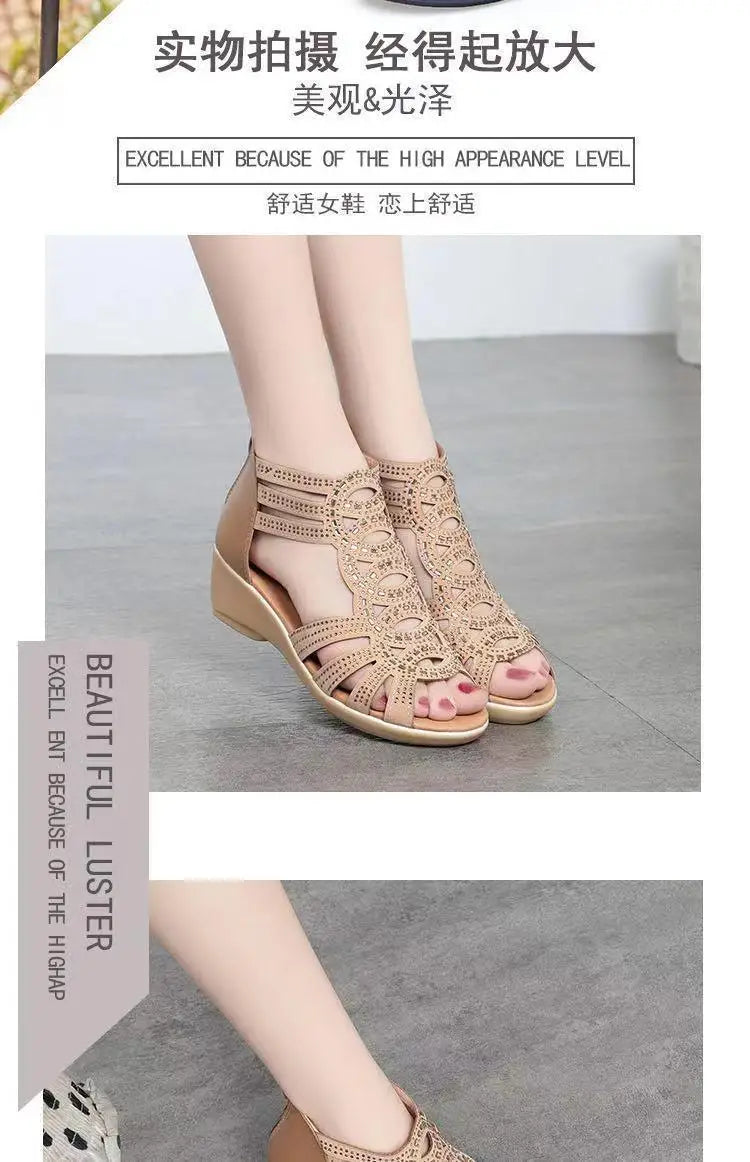 Real Soft Leather Roman Sandals Women's Chunky Heel Mom Shoes Fashion Outerwear Women's Sandals Wedge Women's Shoes 2023