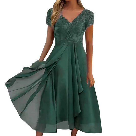 Women's Chiffon Long Dresses A Line V Neck Lace Panel Hollow Prom Dresses Ladies Bridesmaid Evening Dresses Short Sleeve Dress