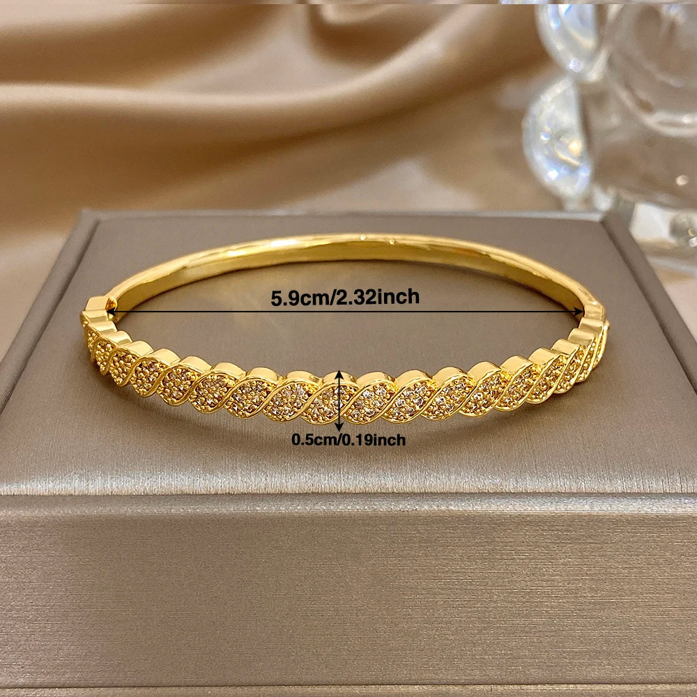 Freetry Vintage Rhinestone Gold Plated Spring Bangle Bracelet for Women Stylish Simple Geometric Cuff Bracelet Lady Jewelry Gift
