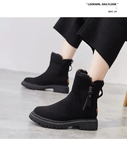 2026 New Winter Women's Snow Boots Trendy Mid Top Plush Thickened Warm Cotton Shoes Leather Wool Integrated Winter Women's Boots