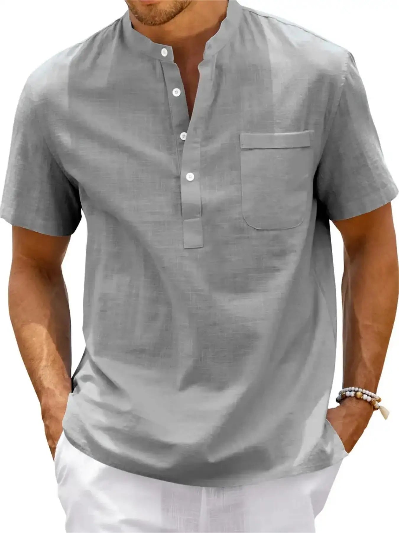 Men's Plus Size Cotton Linen Shirt with Pocket Casual Polo Shirt  Short Sleeve Shirts  Summer Lightweight Beach Tops