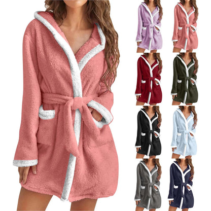 Women Coral Fleece Bathrobe Autumn And Winter Home Warm Sleepwear Casual Solid Color Matching Shower Robes Hooded Kimono Robe